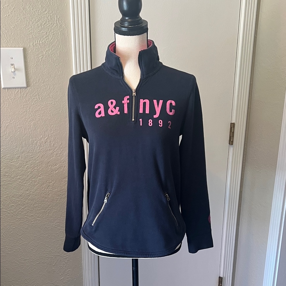 Abercrombie Kids 1/4 zip Navy Sweatshirt with Pink Metallic logo, 15/16